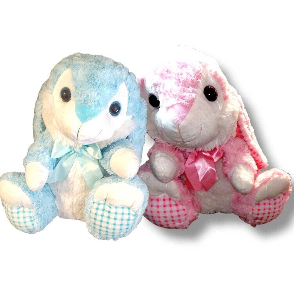 KellyToy Easter Bunny Plush Baby Pink Blue Twins Rabbit Stuffed Animal Bowties
